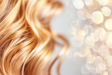 Luxurious golden waves create a stunning visual, captured in soft focus. The bokeh background adds elegance, enhancing the hair's lustrous quality and movement