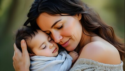 Wall Mural - Tender Moments: A Mother’s Embrace with Her Sleeping Child, Symbolizing Love, Protection, and New Beginnings