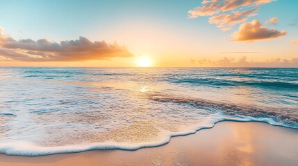 Wall Mural - A beautiful ocean sunset with golden light reflecting on the water and sand.