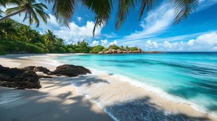 Wall Mural - Tropical beach scene with white sand, crystal clear blue water, and lush palm trees.