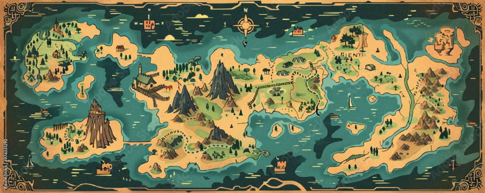 Mythical Maps Adventure map poster, detailed fantasy world map with mythical ...