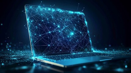 Poster - On a dark blue background, a futuristic glowing low polygonal laptop is isolated with a modern wireframe mesh design.