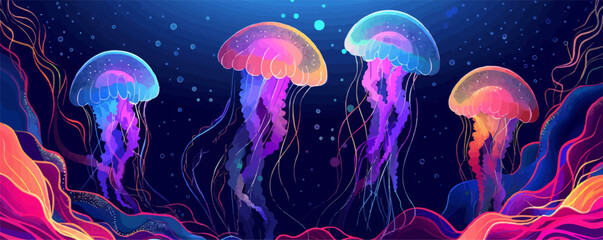 A colorful jellyfish with purple, blue, and green tentacles