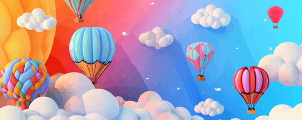 Artistic hot air balloon festival with colorful balloons and clouds, sky celebration, vector illustration for t-shirt, flat style.