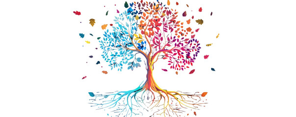 abstract tree silhouette with colorful leaves and roots, nature balance, vector illustration for t-s