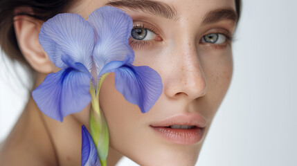 A beautiful woman's white face holding a bigger germanica iris blue in a closeup side view against a white background. Generative AI