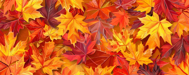 Autumn maple leaves seamless pattern background design, warm hues of orange, red, and yellow, vector pattern.