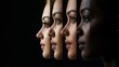 © olga_demina - Portrait of four diverse women with side profiles against a black background. Emphasis on individuality and unity.