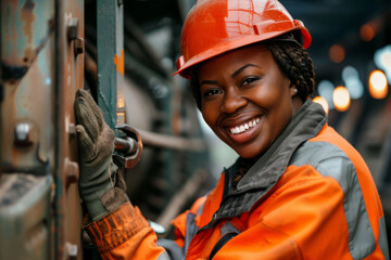 Confident Afro-Caribbean woman working in rail industry, symbolizing women thriving in male-dominated careers