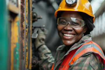 Smiling black woman in rail industry, hardhat, diversity in male-dominated careers, workforce equality, empowerment.