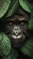 Gorilla face surrounded by leaves, intense gaze. Wildlife and nature concept