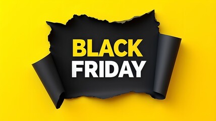 Black Friday sale announcement with a torn black paper background on yellow. 