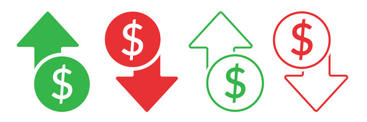 dollar decrease, dollar appreciation icons green and red