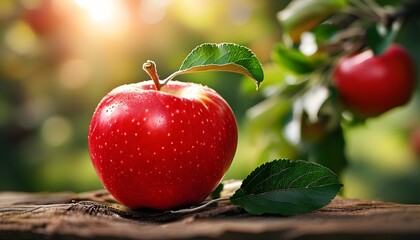 Lush mountain garden with vibrant red apples surrounded by nature’s beauty, celebrating the essence of healthy organic fruit season