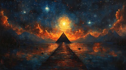 A vibrant cosmic scene featuring a pyramid under a starry sky and sunset.