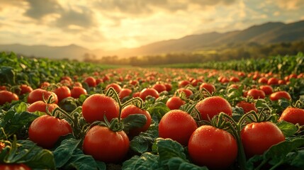 Wall Mural - A vibrant field of ripe tomatoes under a sunset sky.