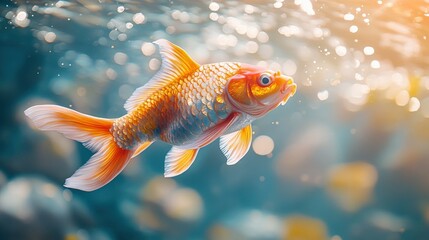 Wall Mural - A vibrant goldfish swimming gracefully in a serene underwater environment.