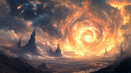 Wall Mural - Fantasy landscape with a fiery swirling galaxy in the sky.