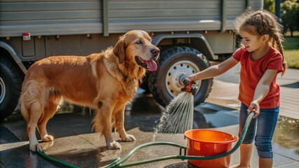 A girl is playing giving water to a large dog from a hose using a toy truck as a water bowl.
