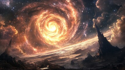 Wall Mural - A swirling galaxy of fire and light hangs above a rocky, alien landscape.