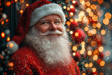 Canvas Print - Santa Claus surrounded by festive lights and decorations, bringing holiday magic to life. Concept of Christmas joy and seasonal celebrations.