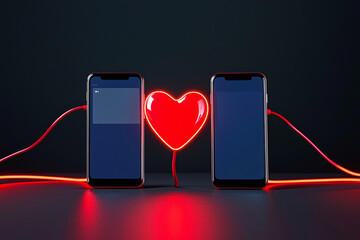 online love, two smartphones connected by a glowing red heart-shaped wire on a dark background