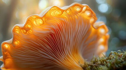 Mesmerizing Mushroom Cap with Swirling Orange and Yellow Patterns Against a Creamy Blurred Backdrop