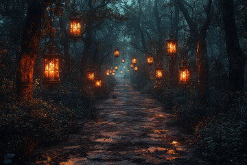 Wall Mural - a spooky lantern-lit pathway through a haunted forest, with ghostly figures lurking in the shadows. 