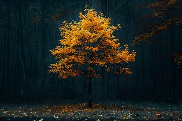 Wall Mural - A Vibrant Autumn Tree Illuminates a Dark Forest