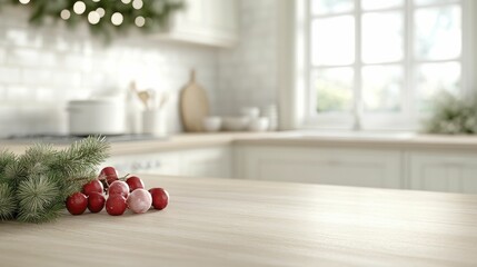 Poster - Cozy Kitchen Scene Featuring a Beautifully Decorated Christmas Tree, Capturing the Warmth and Festivity of the Holiday Season in a Welcoming Home Environment