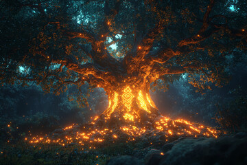 Wall Mural - a massive, ancient tree with glowing runes carved into its bark, standing in a magical forest. conce