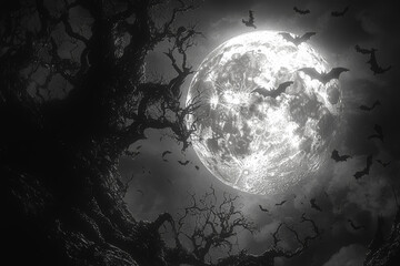 Sticker - A full moon casting eerie shadows on a dark forest, with bats flying across the sky. Concept of Halloween night and supernatural elements.