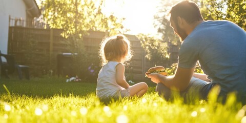 An adult and a child sit in a sunlit backyard, enjoying a moment together with a burger in hand, highlighting a peaceful and warm family scene during sunset.