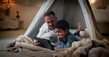 Sticker - Tablet, child and father with bedroom fort for social media, video or online gaming app at home. Website, dad and boy together with bonding, streaming and movie with duvet and internet in a house