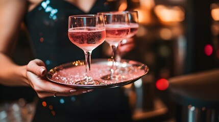 A bartender holds a plate with pink champagne and a woman in a cocktail dress takes one of the glasses at an event, party or wedding