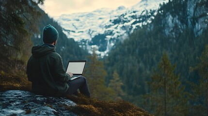 A remote worker enjoying the refreshing outdoors while working on a laptop in a beautiful natural environment