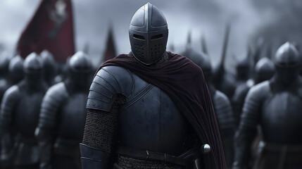 Dark armored knights in medieval warfare, symbolize history wars and going to war with pride