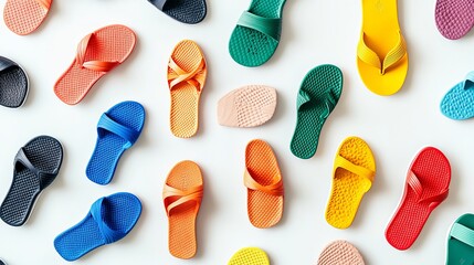 Wall Mural - A variety of flip-flops arranged on a white background, presented as a banner design from a top-down perspective