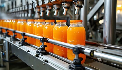 Automated conveyor line efficiently filling and packaging refreshing orange beverages