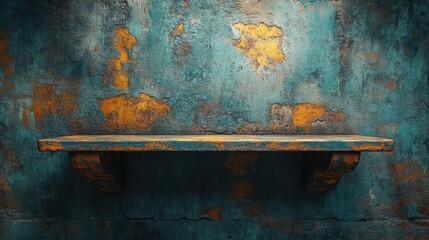 Wall Mural - A weathered blue and orange shelf against a textured wall.