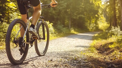 Person riding mountain bike on gravel road in woods