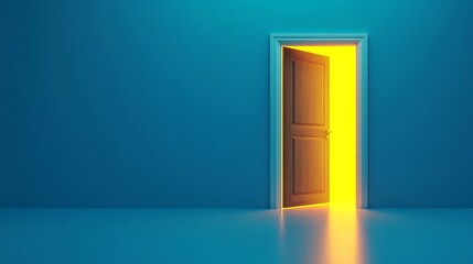 3D render of yellow light shining through an open door isolated on a blue background Represents an architectural design element and opportunity metaphor in a modern minimal concept