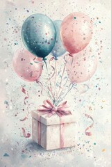 Wall Mural - Watercolor painting of a gift box with colorful balloons