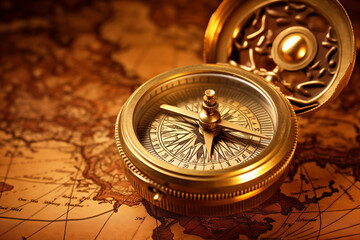 Old retro compass on ancient world map