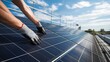 © Realistic Moments - Close-up on hands adjusting solar panels: Modern technology harnessing renewable energy for a clean environment. Efficient, green power installation enhancing sustainability and ecological balance.