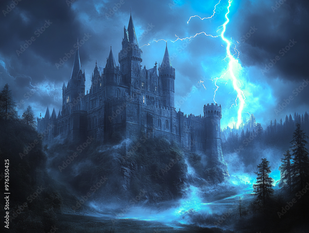 Halloween castle in the night. A spooky castle on a hill with lightning ...