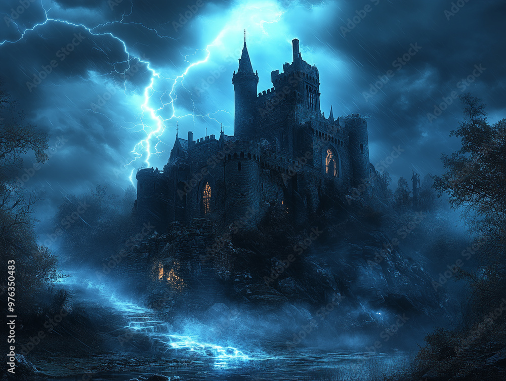 Photo Stock Halloween castle in the night. A spooky castle on a hill ...