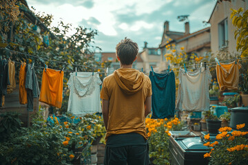 Poster - A young adult hanging up freshly washed clothes on a line, managing chores alone. Concept of daily self-reliance and responsibility.