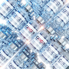 Rows of glass vials with mRNA cancer vaccine. mRNA vaccine medical research, pharmaceutical production, industry. Cancer treatment, biotechnology, biomedicine science, vaccine development, pharmacy 3D