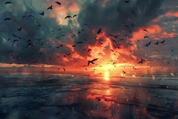 Canvas Print - Breathtaking Sunset Over Ocean with Flock of Birds in Flight